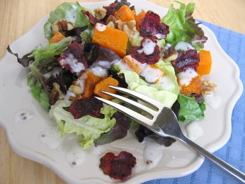 Roasted Winter Salad with Beet Chips and Oven Roasted Butternut Squash
