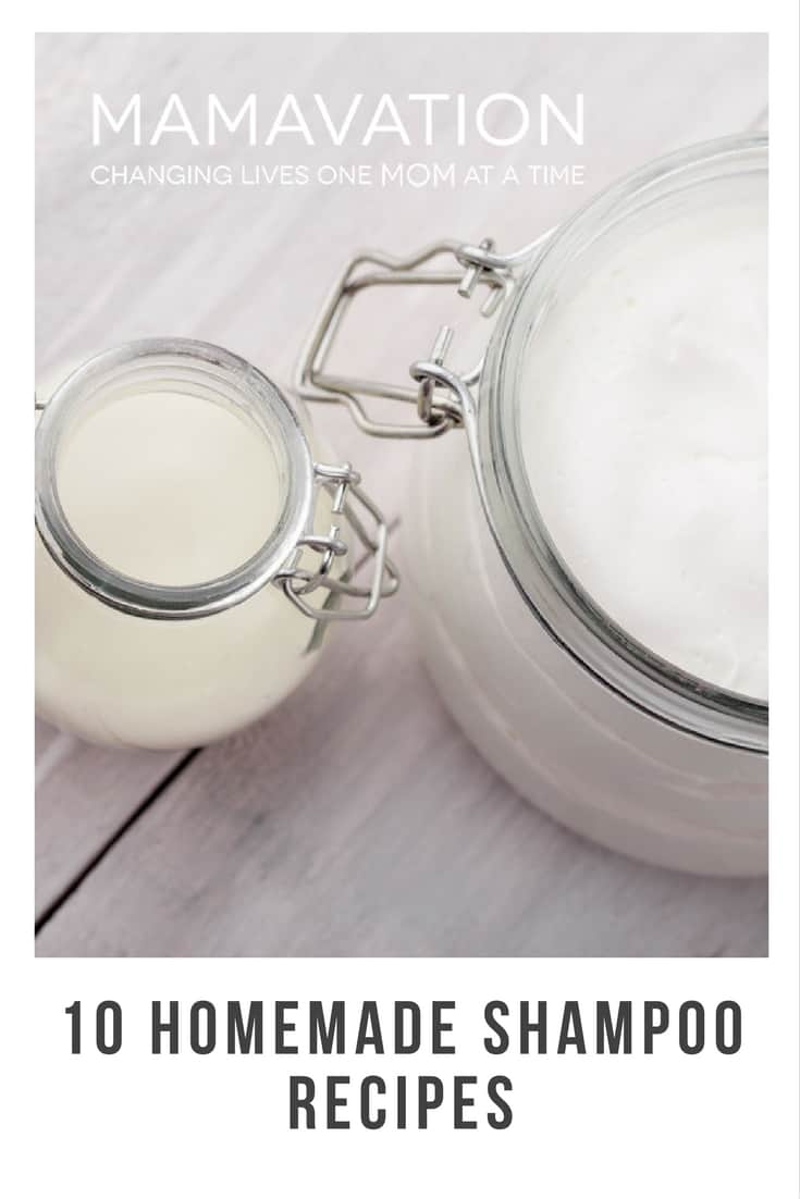 photo of shampoo homemade in jars that says 10 Homemade Shampoo Recipes