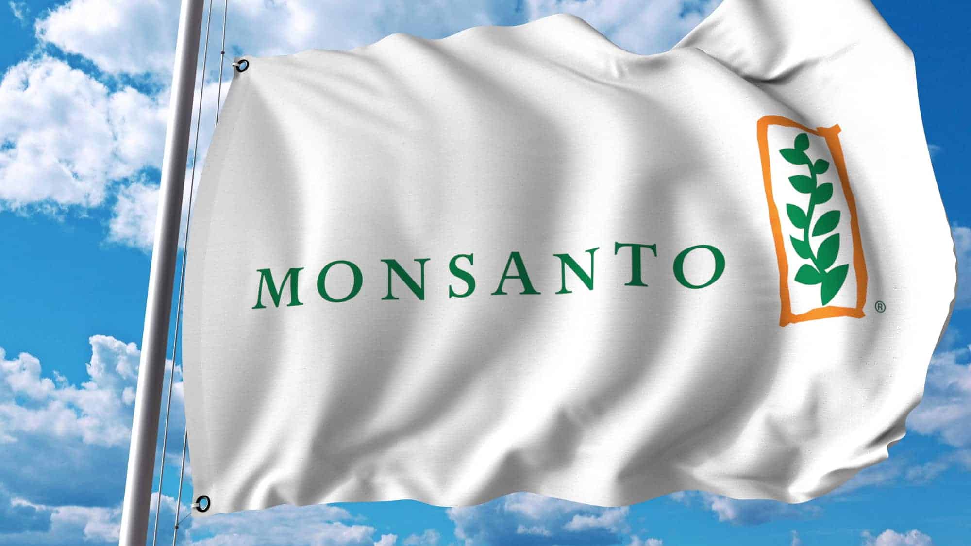 Waving flag with Monsanto logo. Editorial 3D