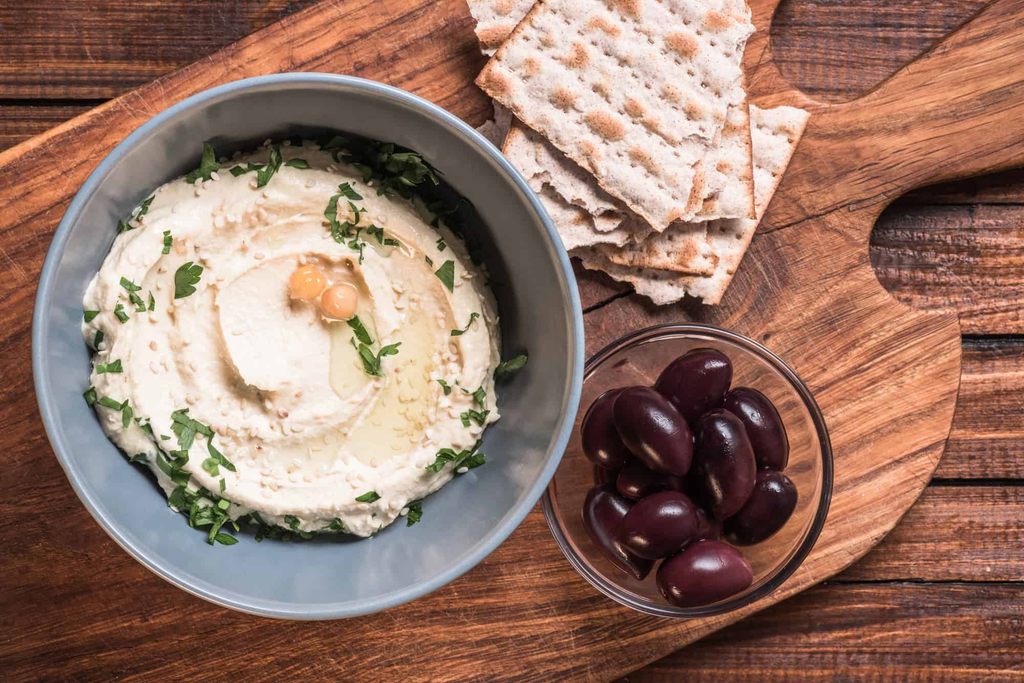 Hummus, olives, crackers