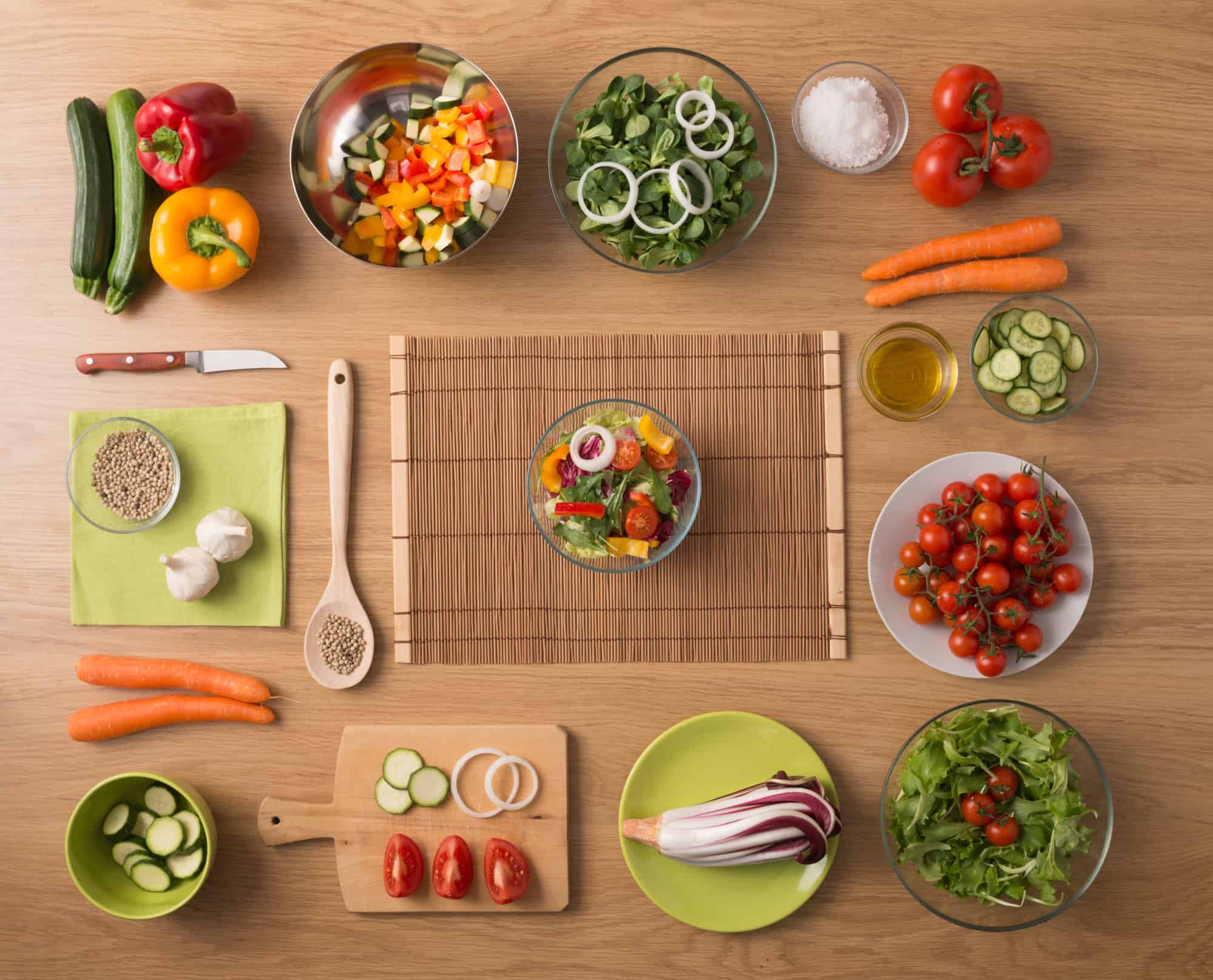 salads and kitchen wooden utensils