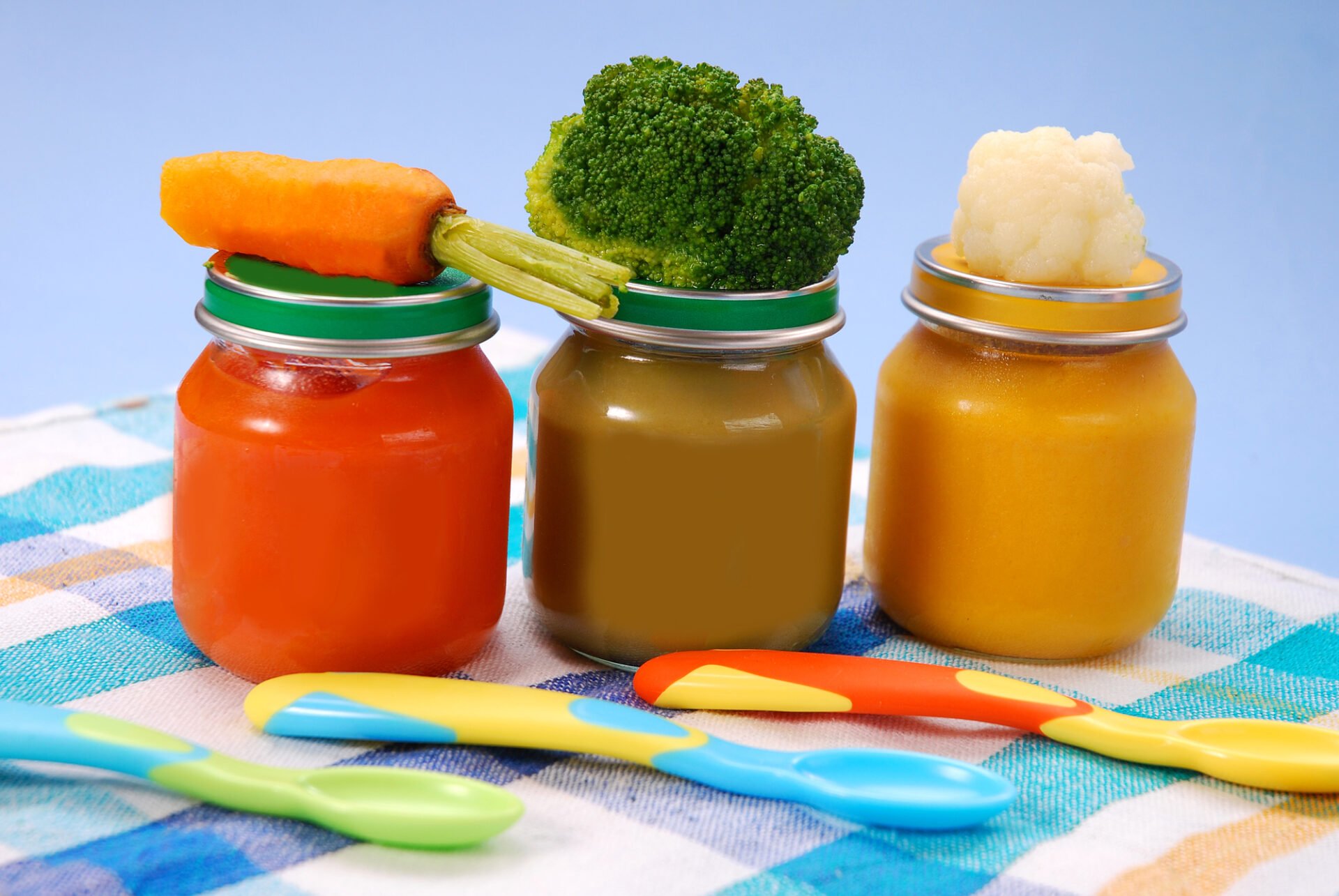three jars of vegetables puree as baby food