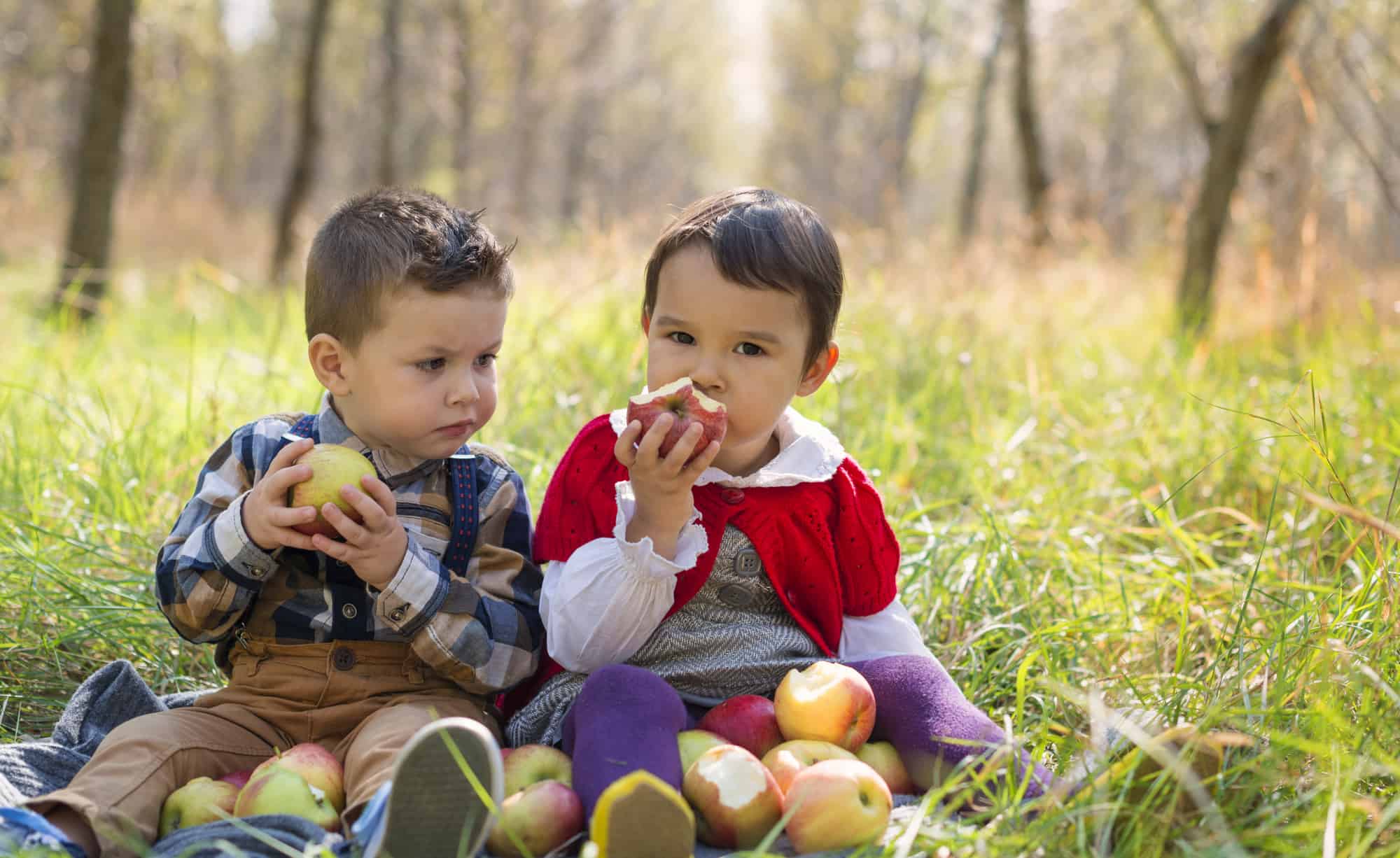two little kids eating apples in the park