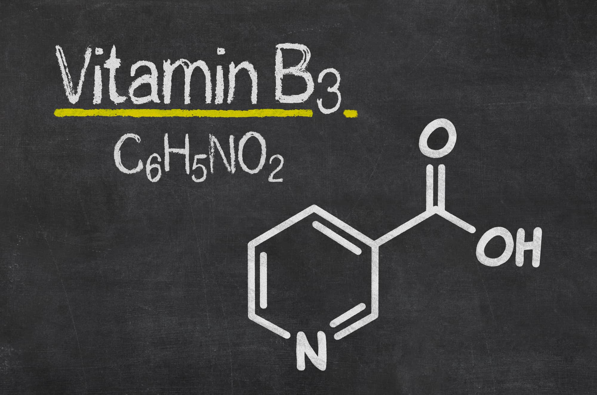 Blackboard with the chemical formula of Vitamin B3