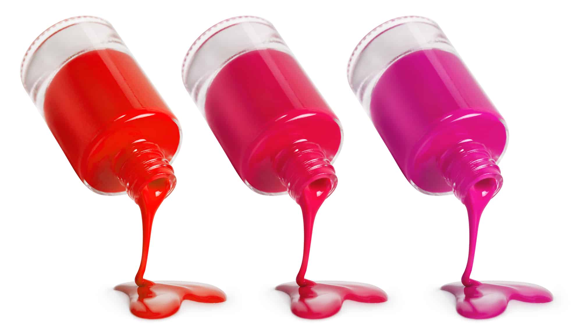 Three types of nail polish pouring from a bottle