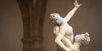 The Kidnapping of the Sabine Women Statue by Giambologna, in the Loggia dei Lanzi in Florence Italy With Face Masks