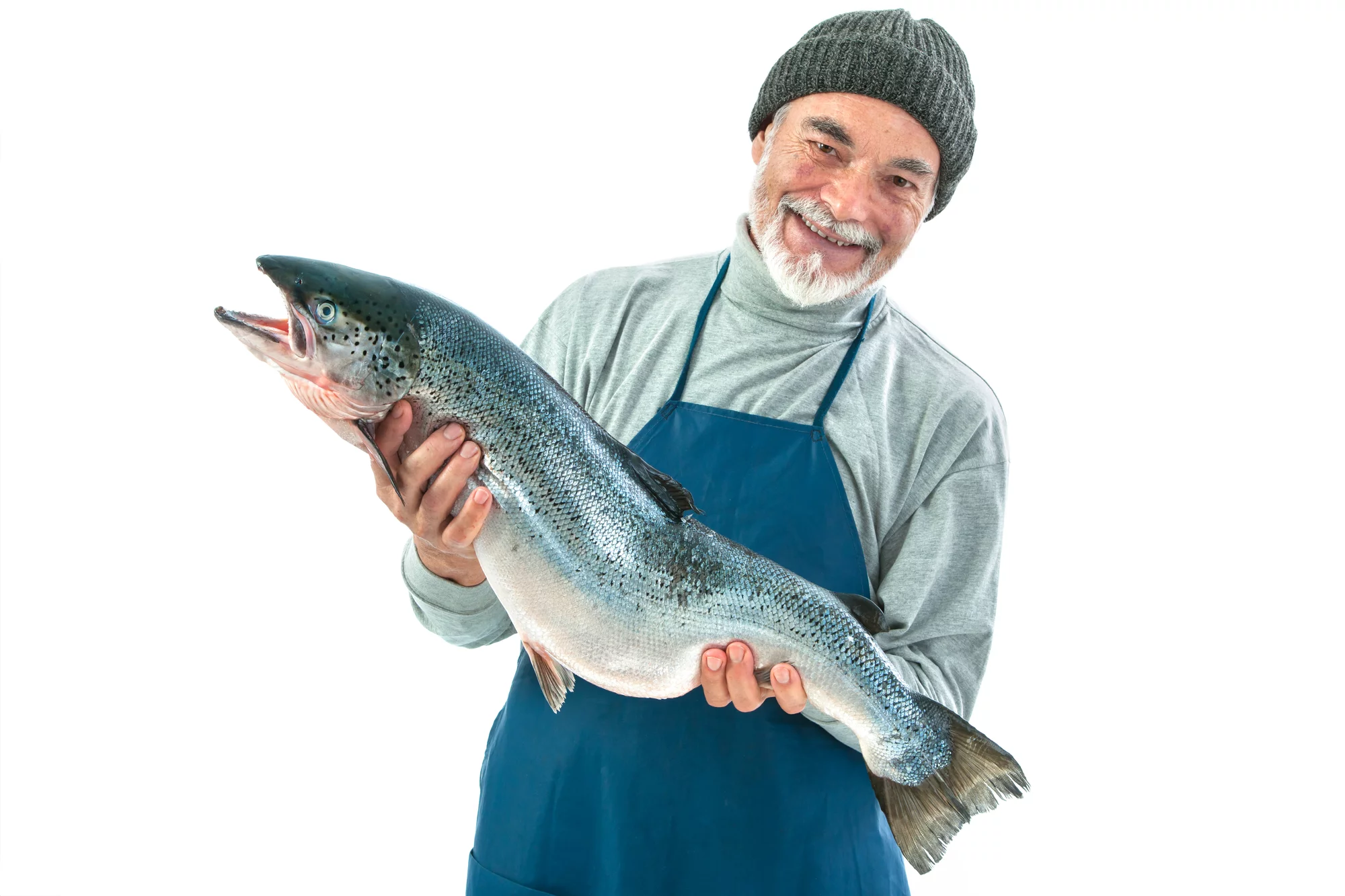 Fisher holding a big atlantic salmon fish isolated on white background