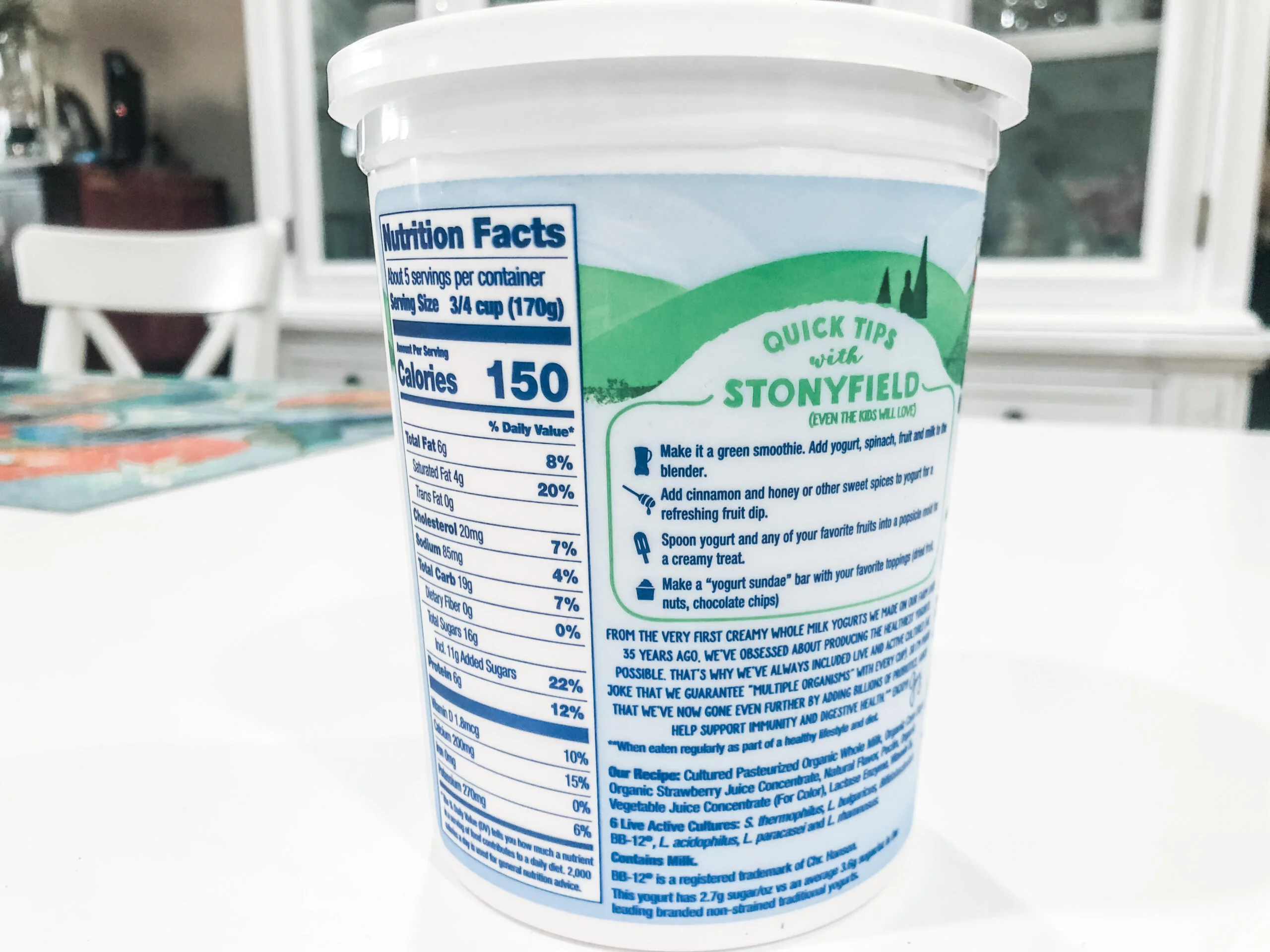 Back of Stonyfield Organic Yogurt tub