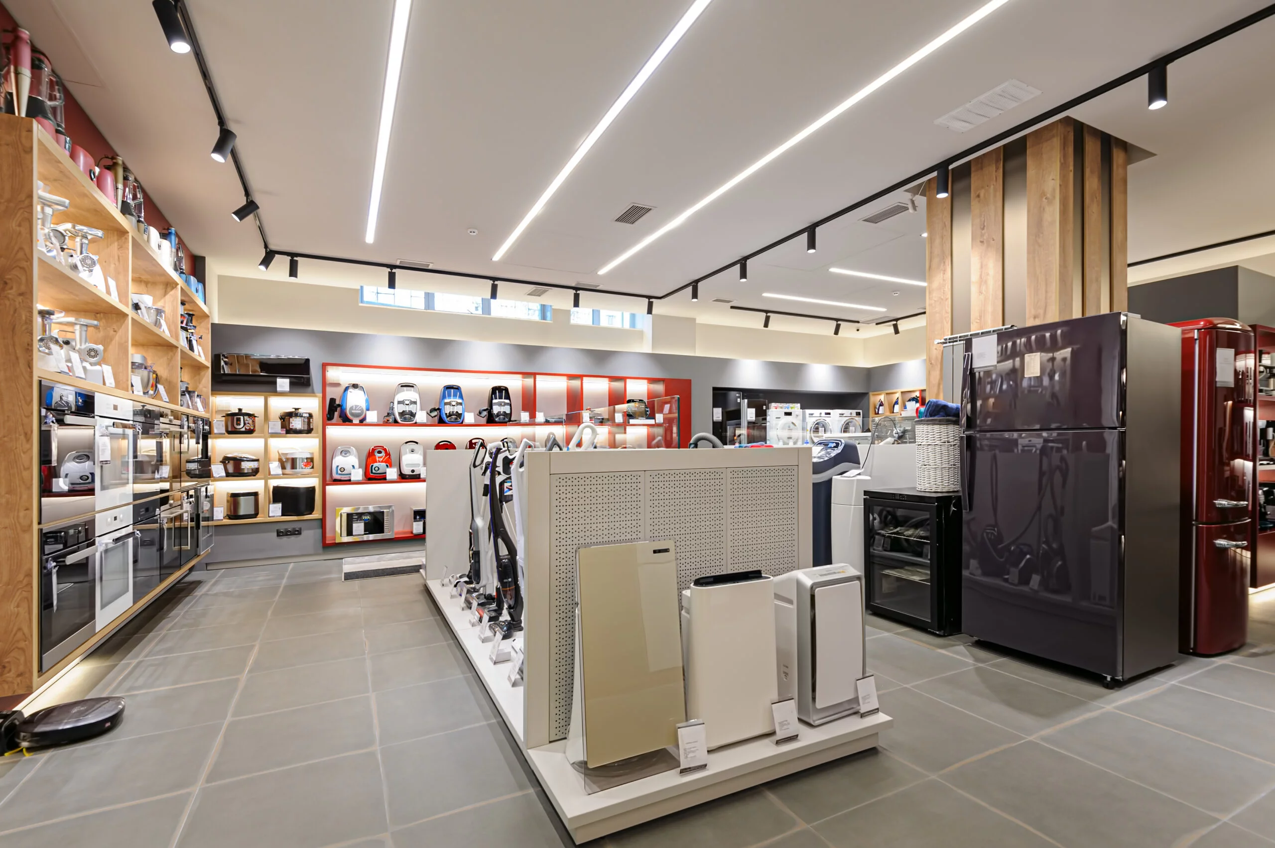 Fridges, heaters and and vacuum cleaners in the premium home appliance store