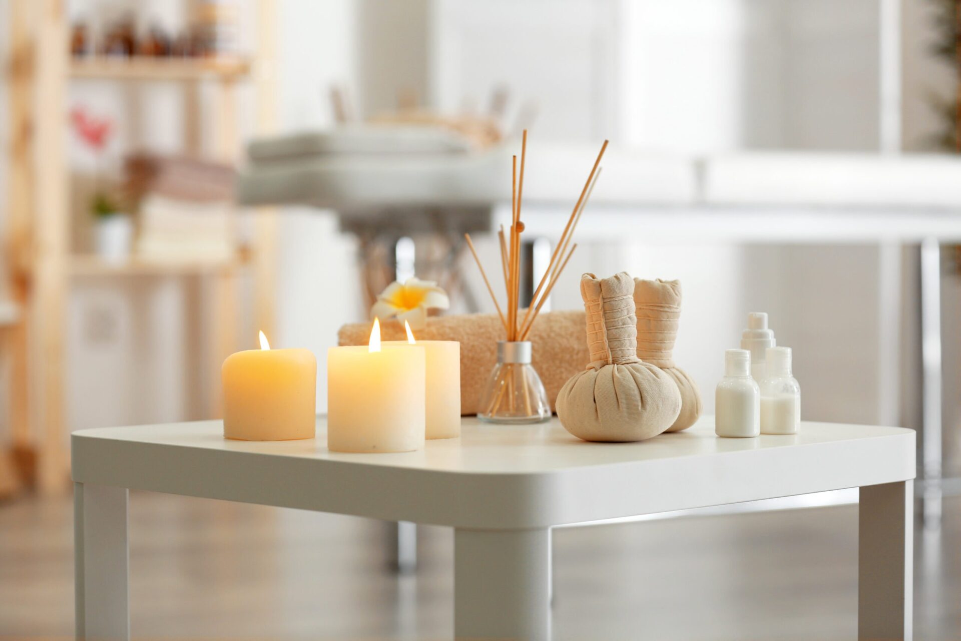 Beautiful spa composition on table in modern wellness center