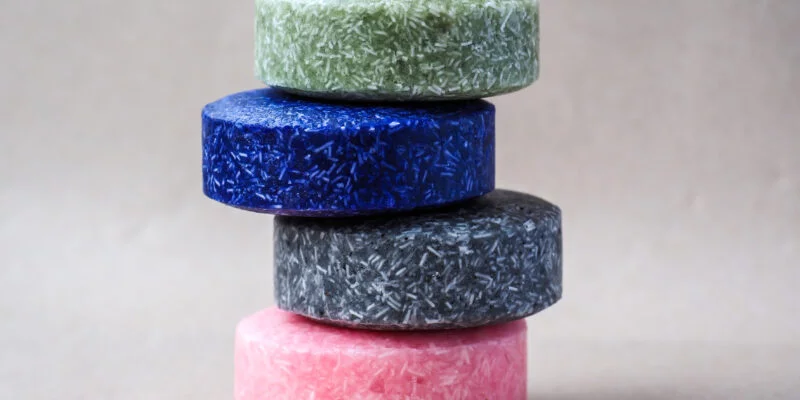 Colorful round solid shampoo bars, zero waste, dry shampoo
