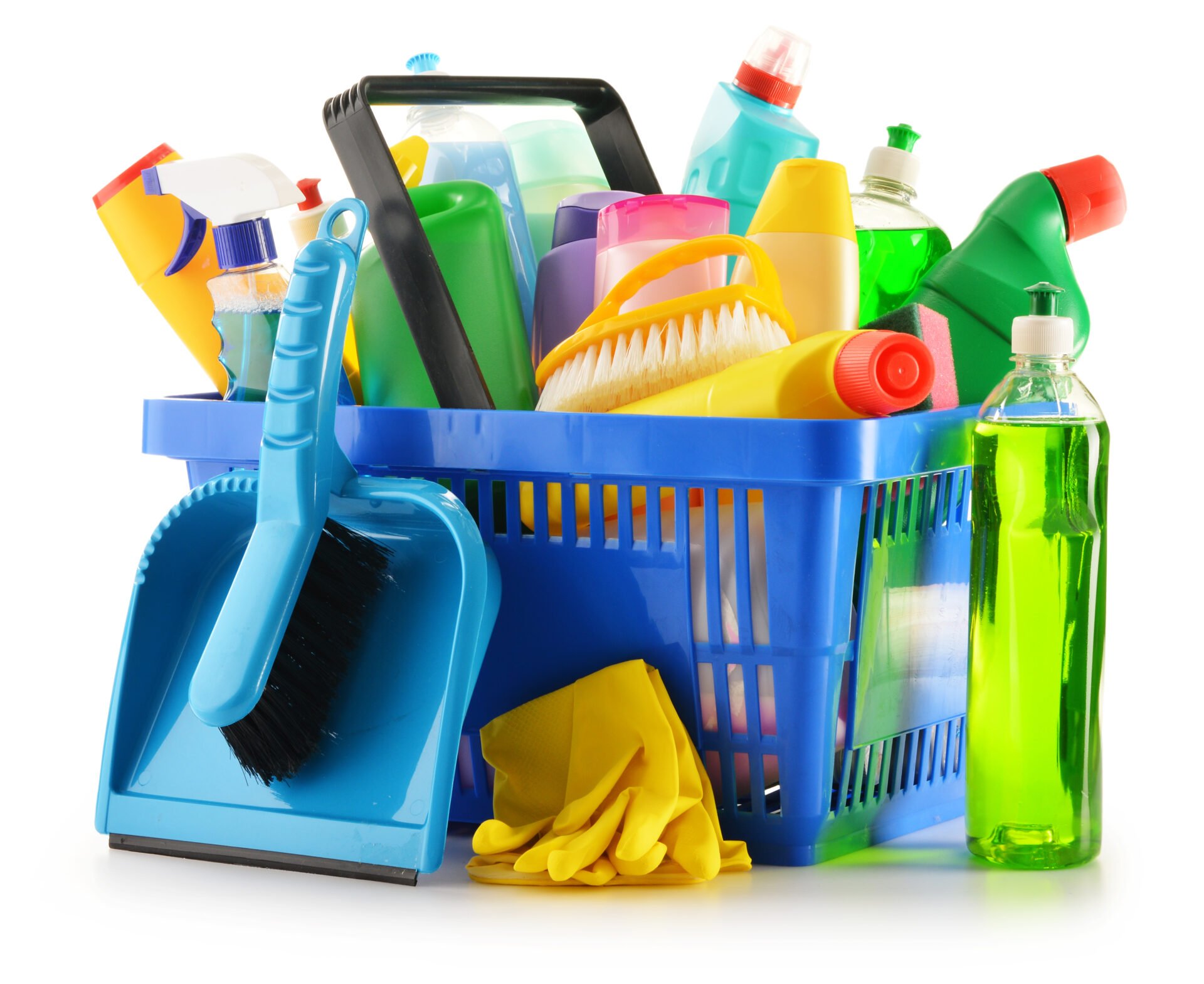 Shopping basket with detergent bottles and chemical cleaning supplies isolated on white
