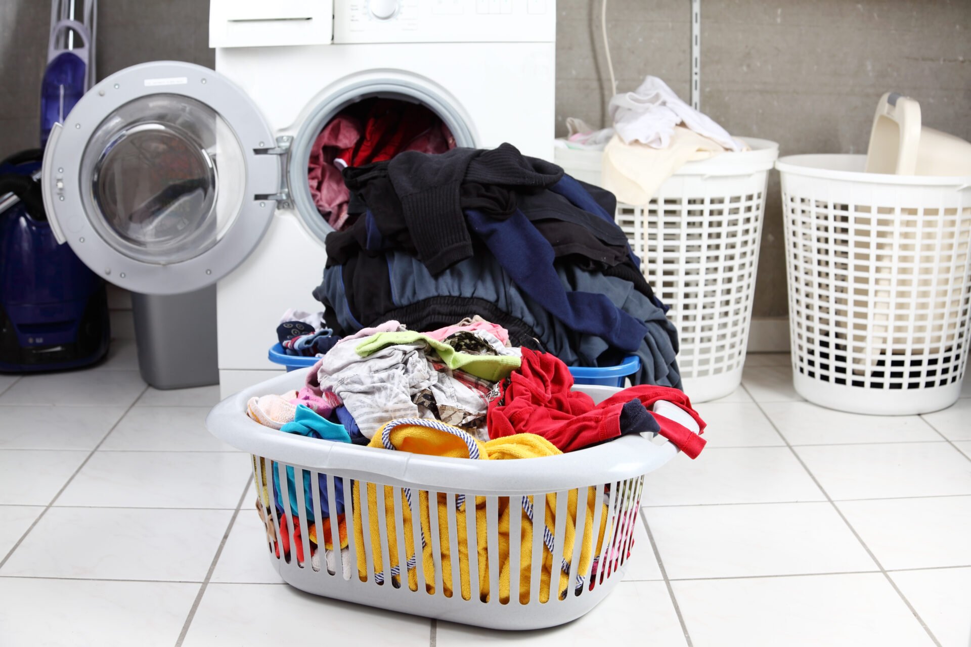 Two baskets of dirty laundry in the washing room