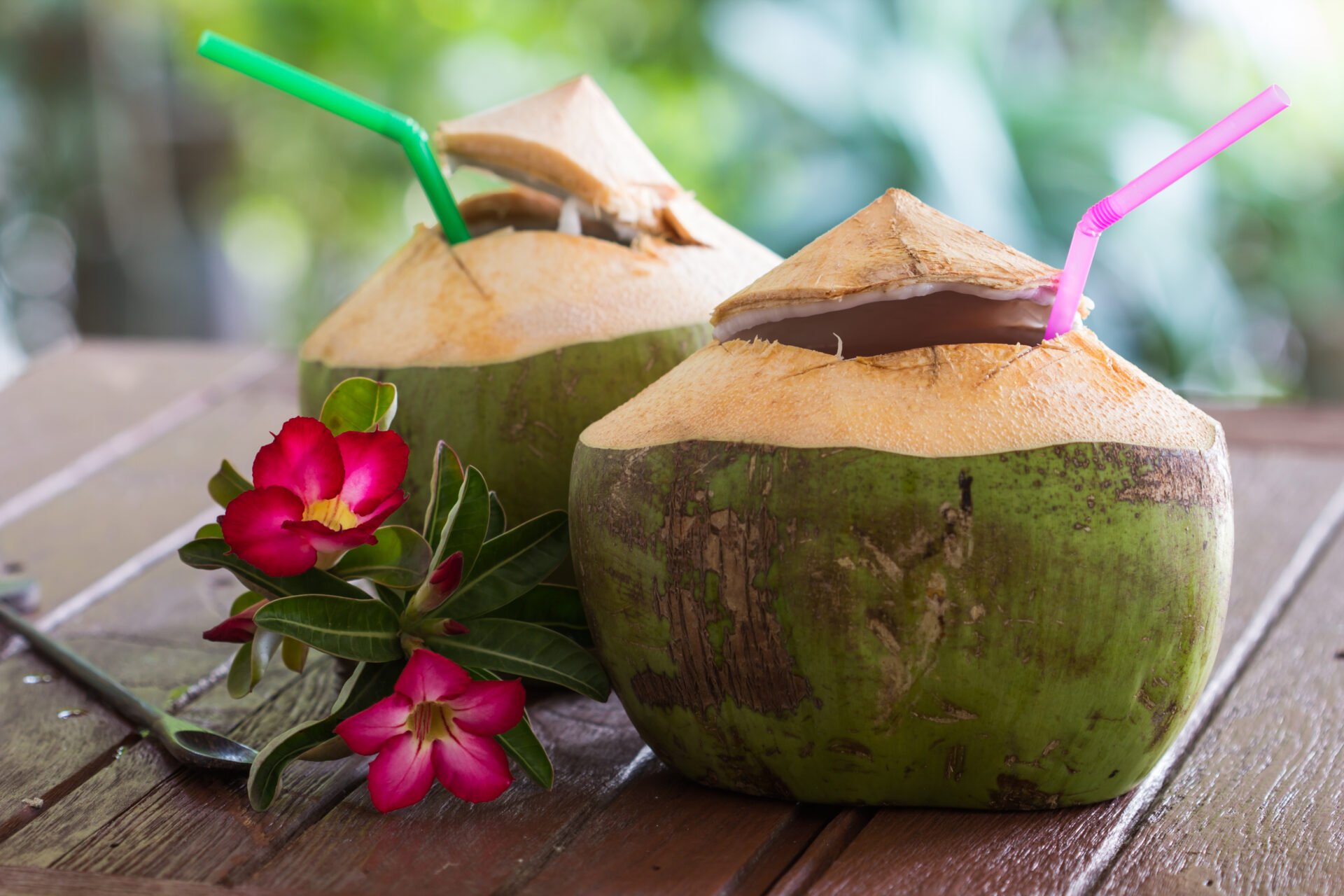 Coconut water is placed on the table and refreshment.