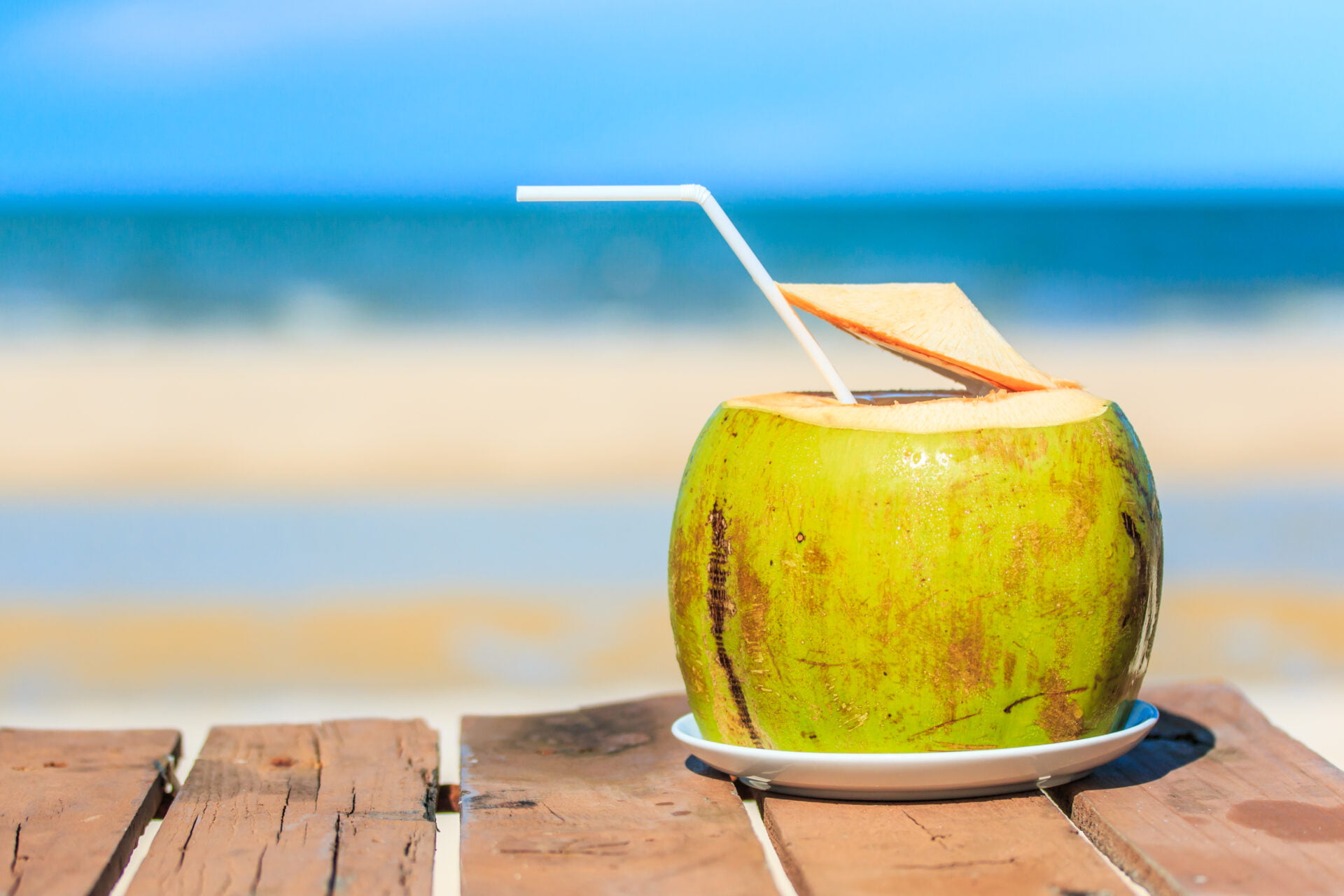 coconut water on a beach