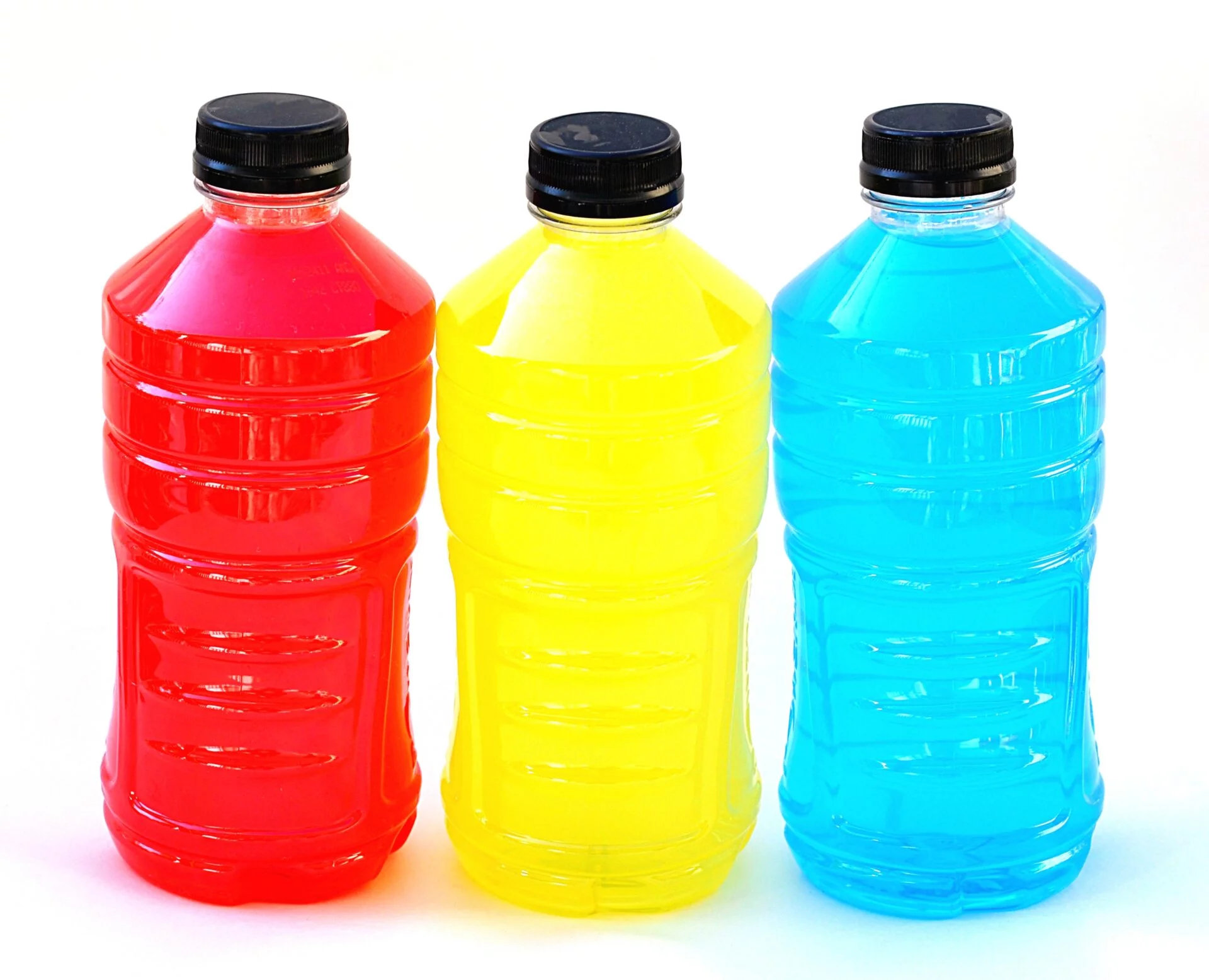 electrolyte replacement drinks in red, yellow & blue