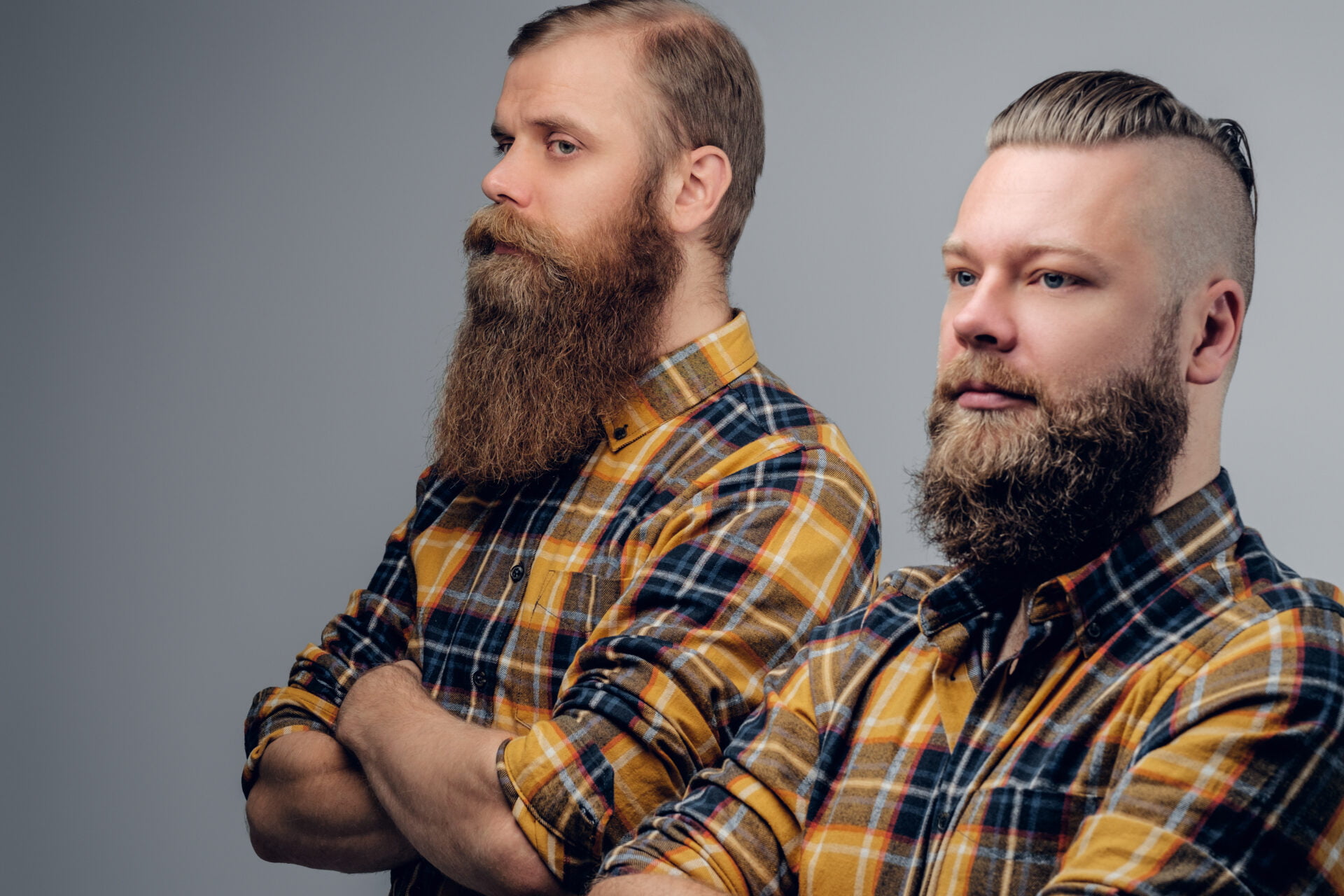 Two bearded hipsters dressed in a yellow plaid shirt isolated on grey vignette background