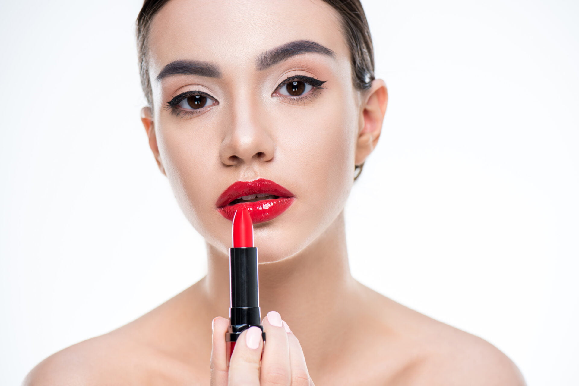 Woman wearing red lipstick 