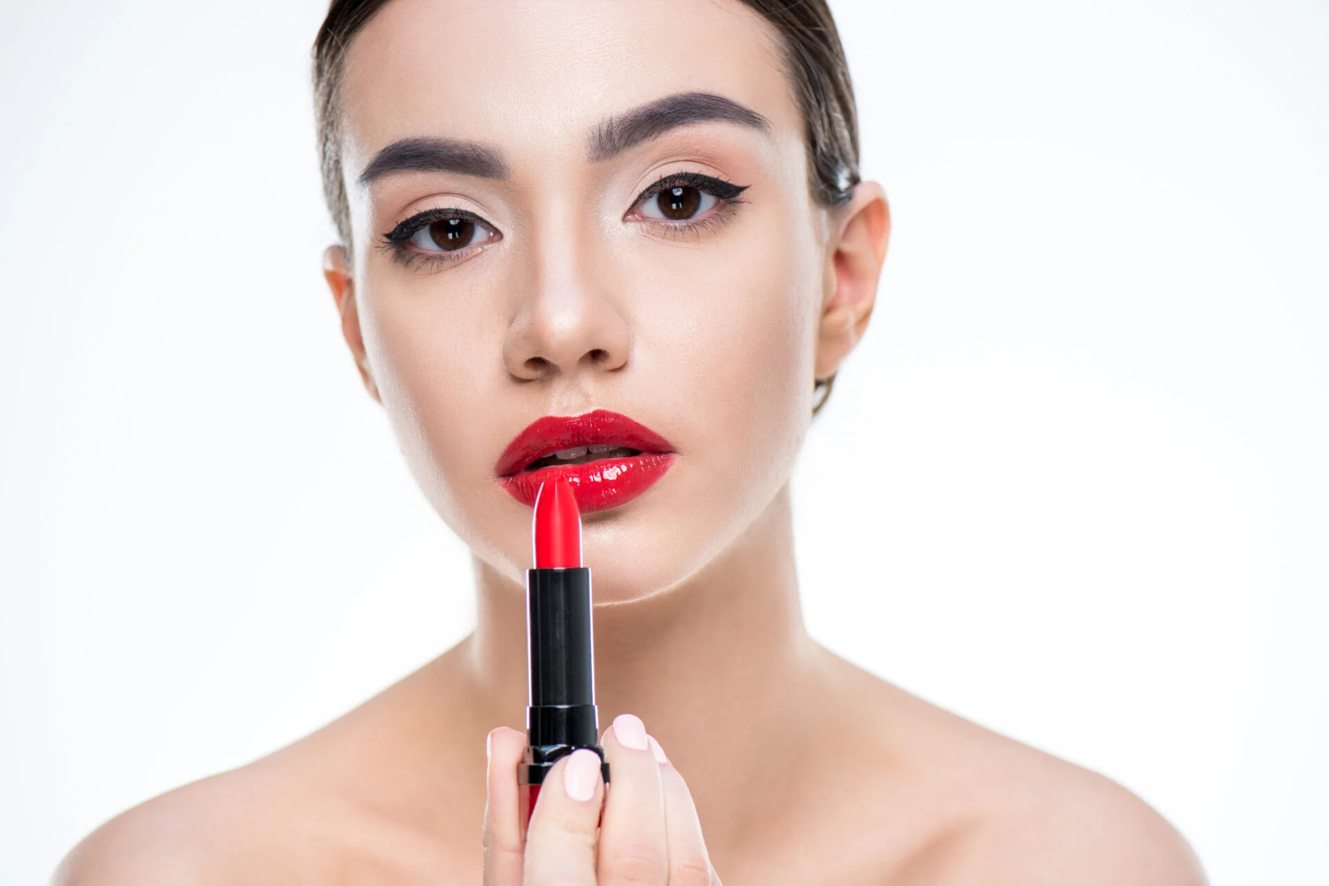 Woman wearing red lipstick 