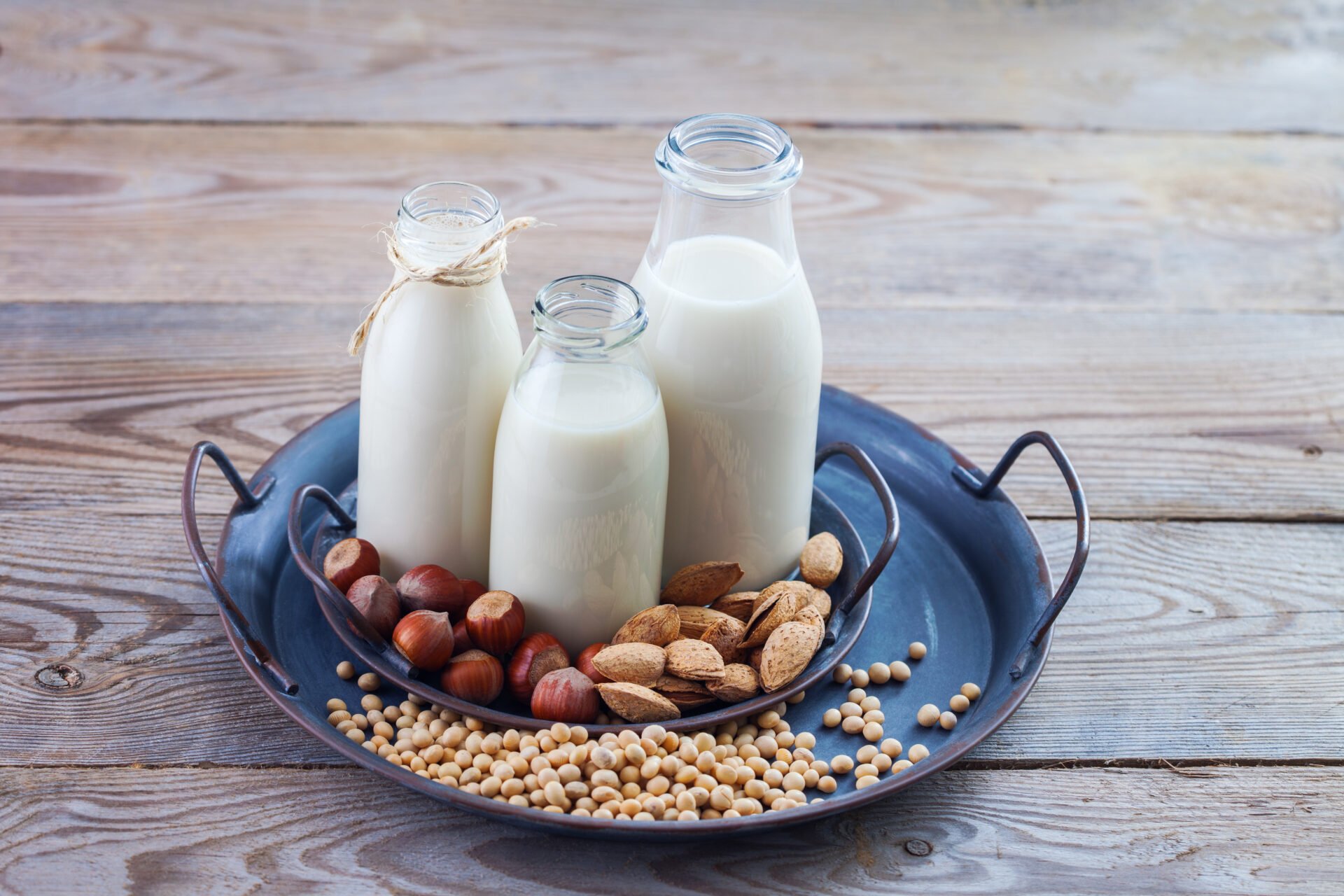 various vegan plant based milk and ingredients - food and drink