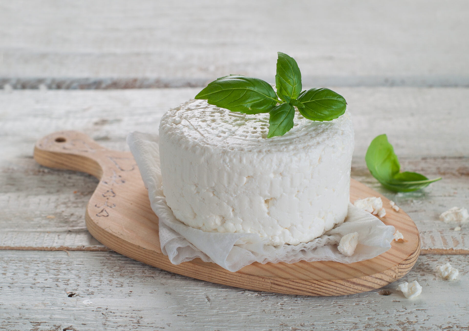 Fresh cheese with basil, selective focus