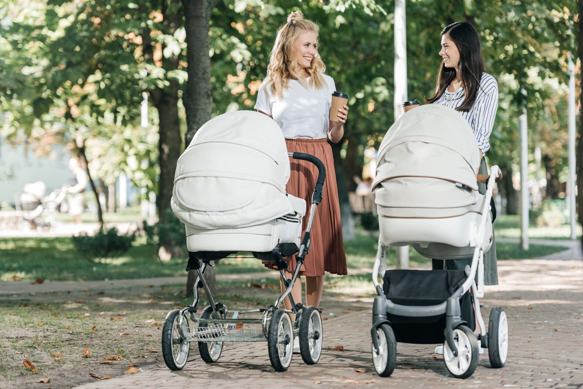 Women with non-toxic strollers walking their babies in the park