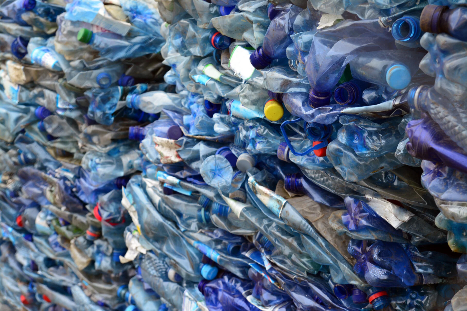 pile of plastic bottles prepared for recycling