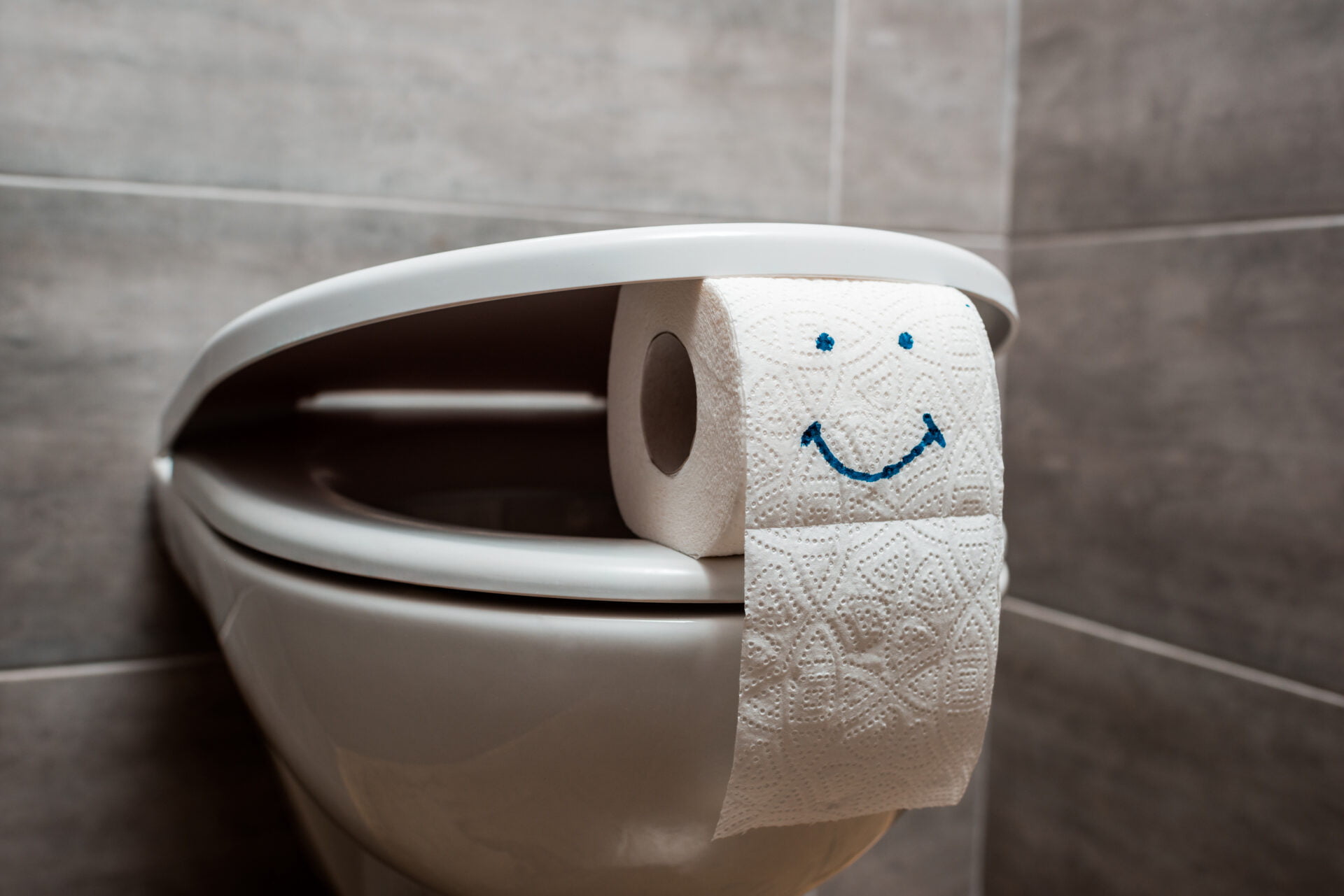 Toilet paper smiling over toilet