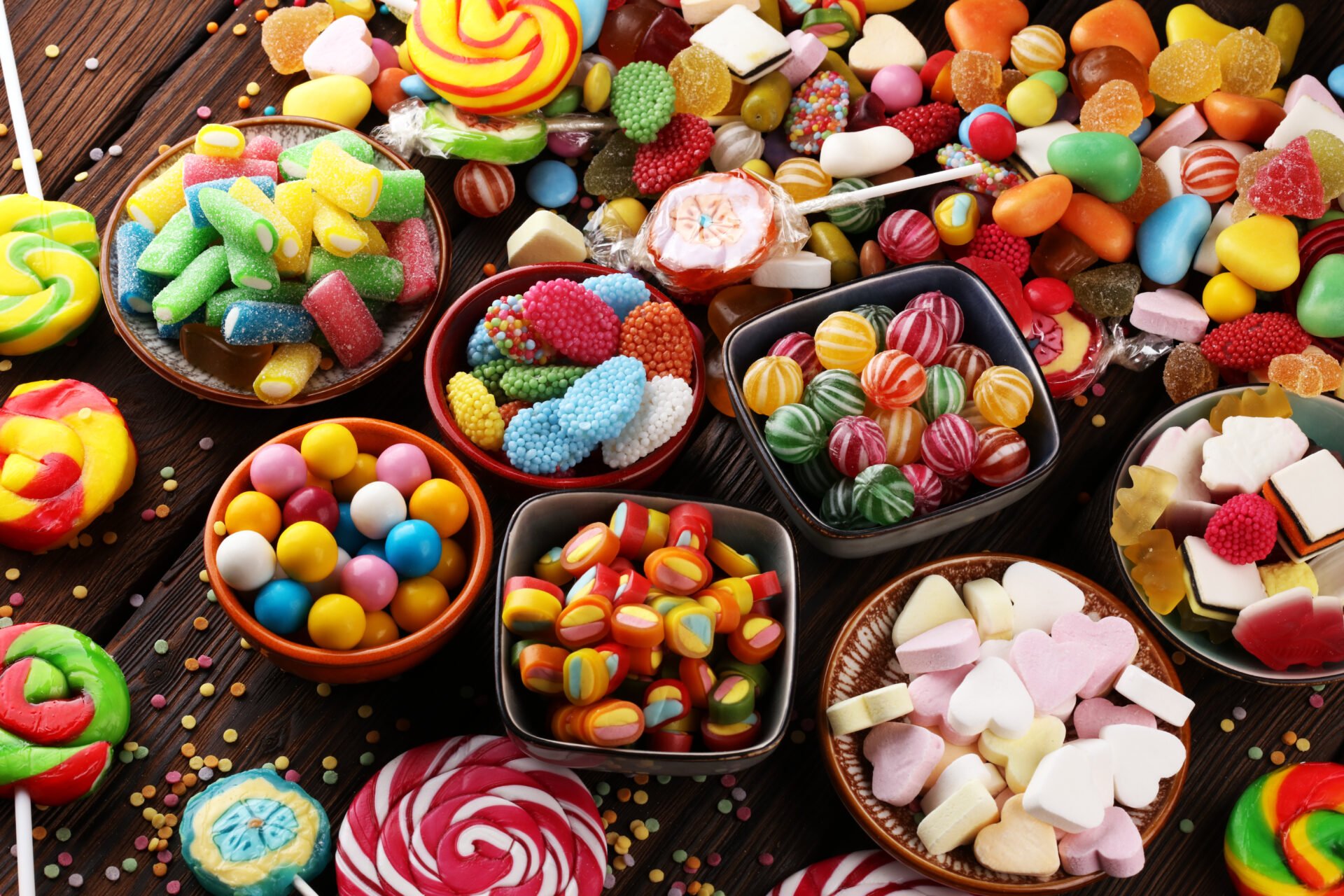 candies with jelly and sugar. colorful array of different childs sweets and treats