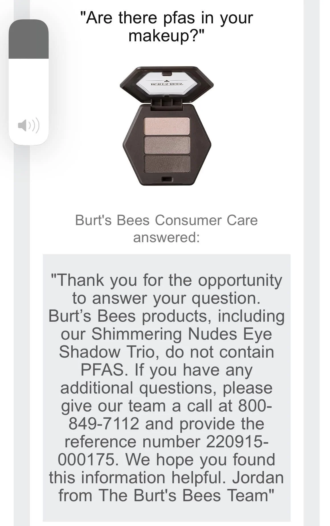 Burts Bees Communication about PFAS to customer