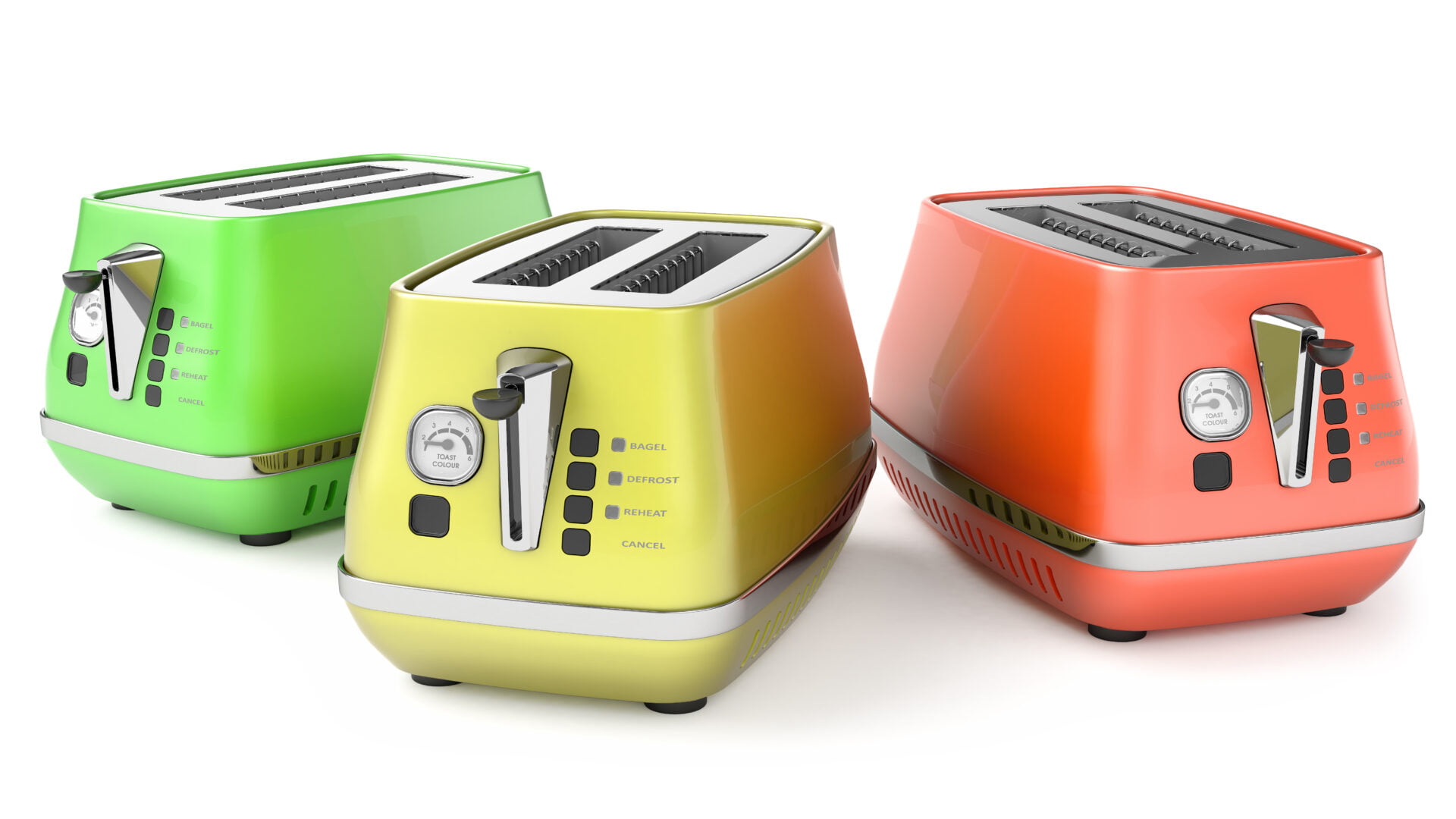 toasters with different bright colors