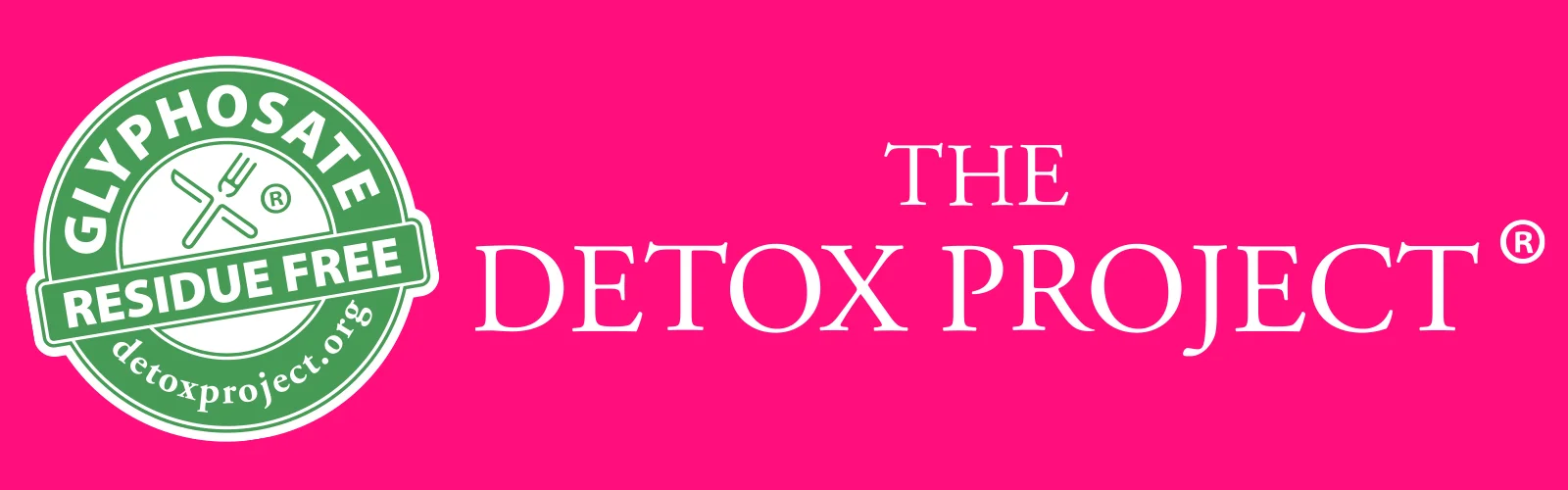 The Detox Project glyphosate residue-free certification with pink background