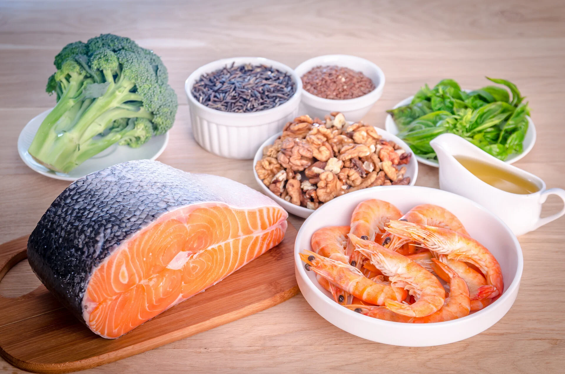 Omega-3s are in salmon, shrimp, broccoli, & greens