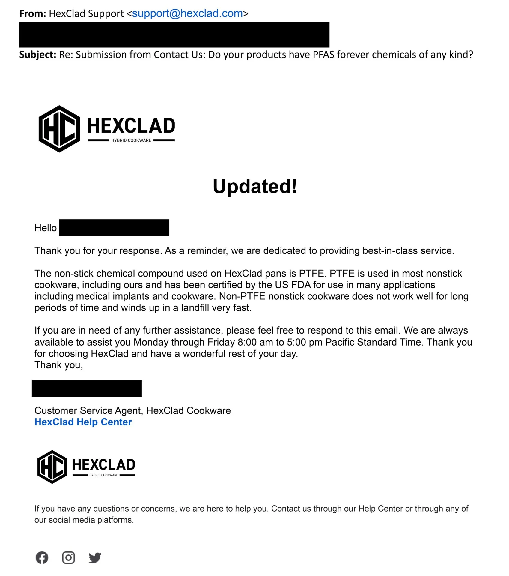 HexClad admitting they have PTFE coatings, which are PFAS chemicals