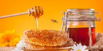 Nature Nate's Organic Raw Honey has no detectable glyphosate or pesticides on the table with a honeybee