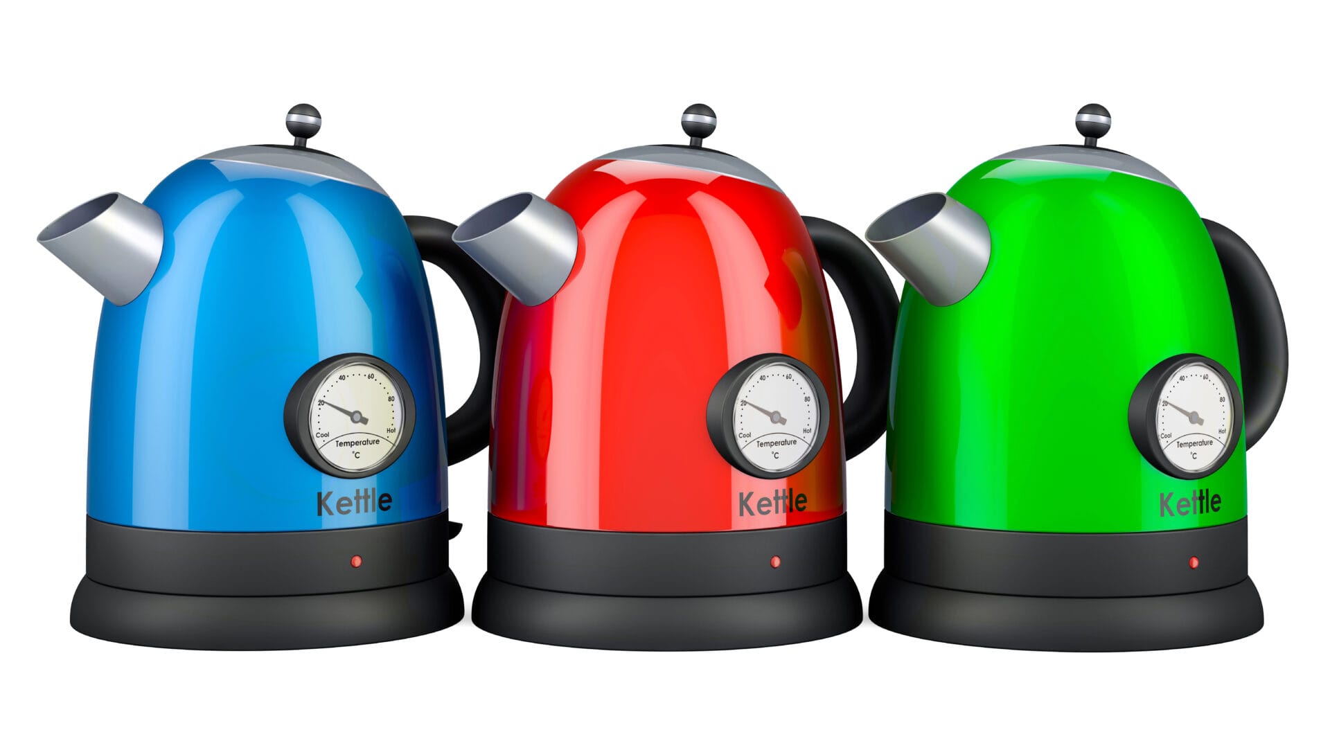A blue, red, and non-toxic green electric tea kettle